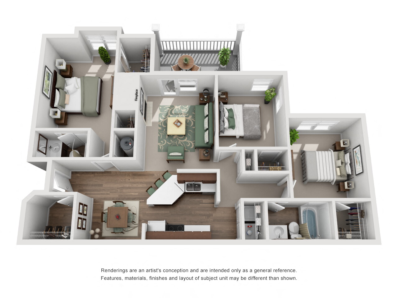 Floor plan for 3 beds, 2 baths, 1265 sqft